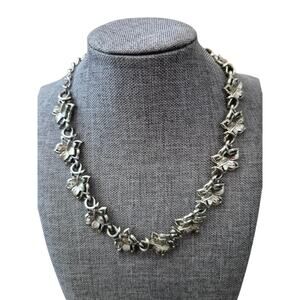 Vtg Coro Signed Silver Tone Leaf Choker Necklace Mid-Century Glam 13.5 - 16 inch